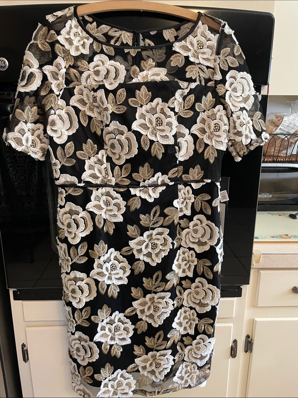 Adrianna Papell Black Midi Dress with White and Gold Floral Lace